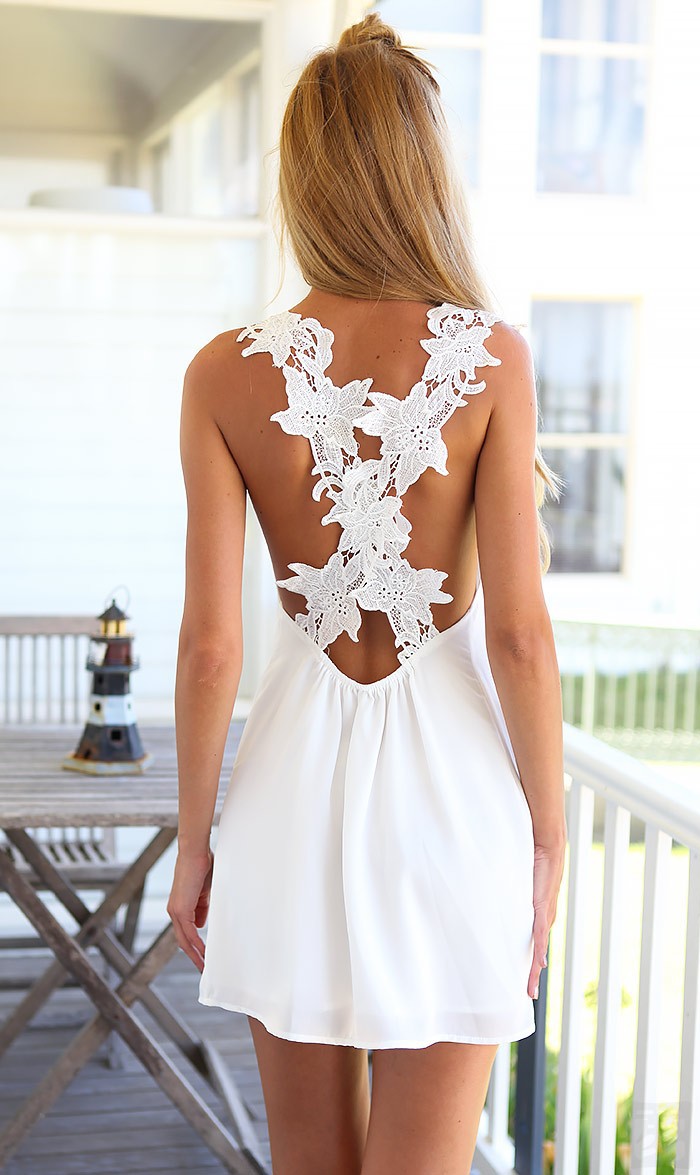 F2407 White Lace Criss Cross Back Mini Dress